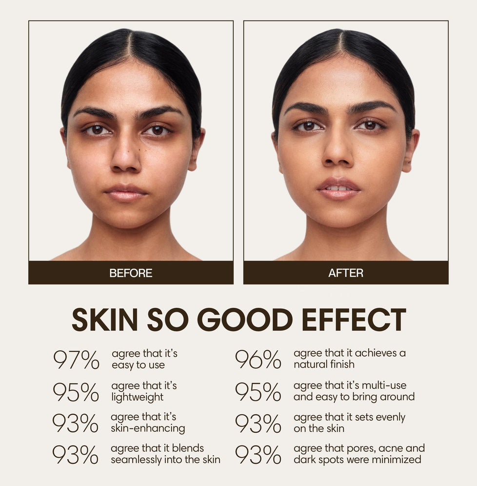 Rushini wears Skin So Good in Birch as base, Palomino as contour, Bamboo as highlight