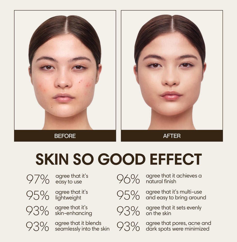 Jasmine wears Skin So Good in Buttermilk as base, Birch as contour, Porcelain as highlight