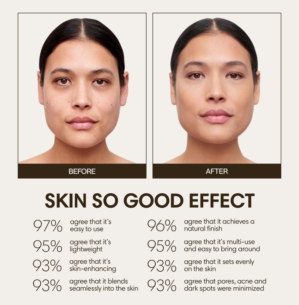 Bianca wears Skin So Good in Oat as base, Gobi as contour, Seashell as highlight
