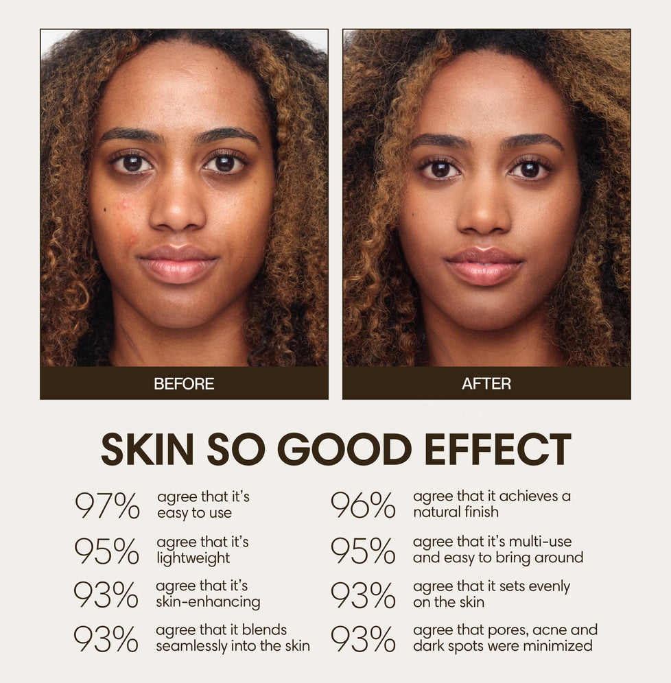 Trinity wears Skin So Good in Palisander as base, Carob as contour, Palomino as highlight