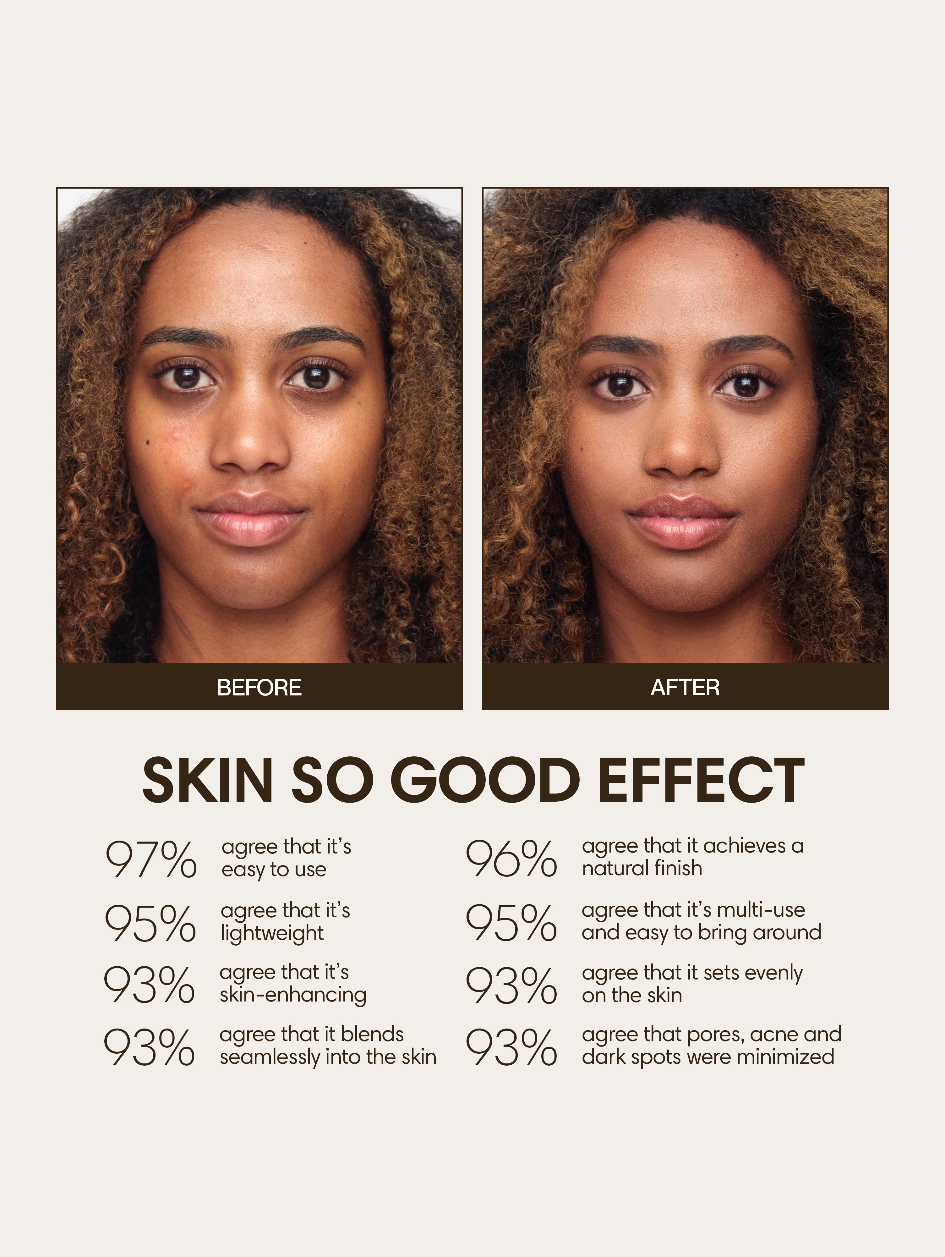 Trinity wears Skin So Good in Palisander as base, Carob as contour, Palomino as highlight